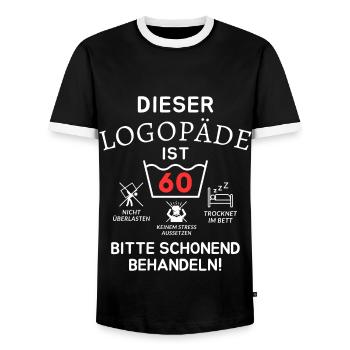 Dieser Logopäde ist 60. Schonend behandeln - Männer Kontrast-T-Shirt - Schwarz/Weiß - Vorne - AI Model Female 172 light (172cm) & AI Model Male 178 light (178cm)