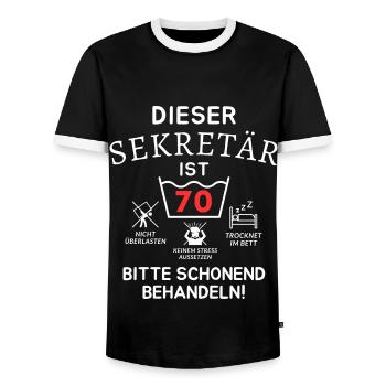 This secretary is 70. - Men's Ringer Shirt - black/white - Front - AI Model Female 172 light (172cm) & AI Model Male 178 light (178cm)