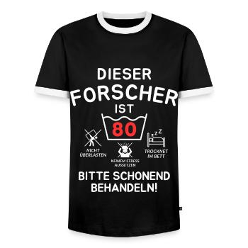 Dieser Forscher ist 80. Schonend behandeln - Männer Kontrast-T-Shirt - Schwarz/Weiß - Vorne - AI Model Female 172 light (172cm) & AI Model Male 178 light (178cm)