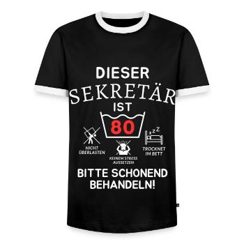 This secretary is 80. Treat gently - Men's Ringer Shirt - black/white - Front - AI Model Female 172 light (172cm) & AI Model Male 178 light (178cm)