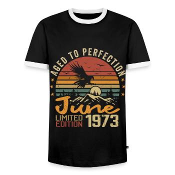 Vintage Juin 1973 Juin 1973 né en Juin 1973 Rétro - T-shirt contrasté Homme - noir/blanc - Devant - AI Model Female 172 light (172cm) & AI Model Male 178 light (178cm)