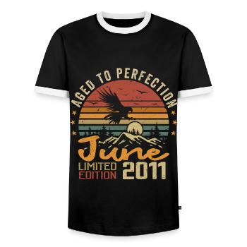 Vintage Juin 2011 Juin 2011 né en Juin 2011 Rétro - T-shirt contrasté Homme - noir/blanc - Devant - AI Model Female 172 light (172cm) & AI Model Male 178 light (178cm)