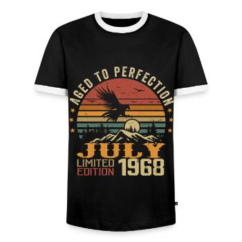 Vintage July 1968 Anniversary July 1968 - Men's Ringer Shirt - black/white - Front - AI Model Female 172 light (172cm) & AI Model Male 178 light (178cm)