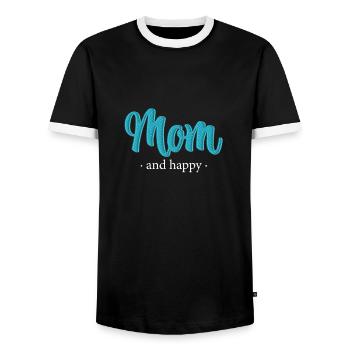 Mom and happy - Embroidery effect - Men's Ringer Shirt - black/white - Front - AI Model Female 172 light (172cm) & AI Model Male 178 light (178cm)