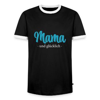 Mom and Happy - Embroidery Effect - Men's Ringer Shirt - black/white - Front - AI Model Female 172 light (172cm) & AI Model Male 178 light (178cm)