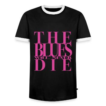 THE BLUES WANTS NEVER THE - Men's Ringer Shirt - black/white - Front - AI Model Female 172 light (172cm) & AI Model Male 178 light (178cm)