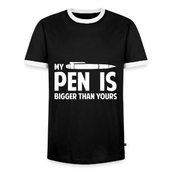 My Pen Is Bigger Than Yours - Men's Ringer Shirt - black/white - Front - AI Model Female 172 light (172cm) & AI Model Male 178 light (178cm)