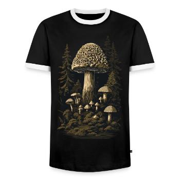 Morel Retro Forest & Mushrooms Magic in Nature - Men's Ringer Shirt - black/white - Front - AI Model Female 172 light (172cm) & AI Model Male 178 light (178cm)