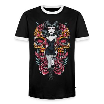 Gothic Tattooed Frau mit Kunstwerk und Rosen - Männer Kontrast-T-Shirt - Schwarz/Weiß - Vorne - AI Model Female 172 light (172cm) & AI Model Male 178 light (178cm)