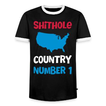 NUMBER ONE SHITHOLE COUNTRY USA - Men's Ringer Shirt - black/white - Front - AI Model Female 172 light (172cm) & AI Model Male 178 light (178cm)
