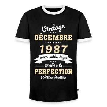 Anniversaire 35 ans - Décembre 1987 Vintage - T-shirt contrasté Homme - noir/blanc - Devant - AI Model Female 172 light (172cm) & AI Model Male 178 light (178cm)