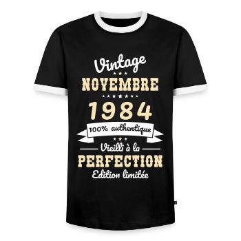40 Jahre Jubiläum - Jahrgang - November 1984 - Männer Kontrast-T-Shirt - Schwarz/Weiß - Vorne - AI Model Female 172 light (172cm) & AI Model Male 178 light (178cm)