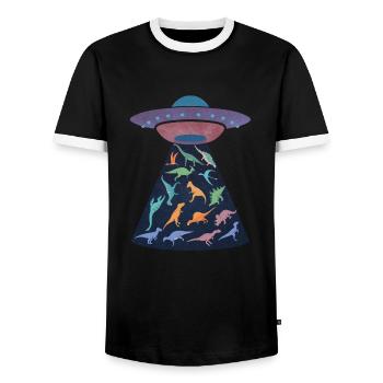 Raumschiff entführt Dinosaurier - Männer Kontrast-T-Shirt - Schwarz/Weiß - Vorne - AI Model Female 172 light (172cm) & AI Model Male 178 light (178cm)