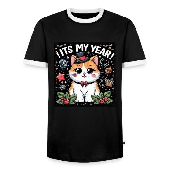 Nouvel An Réveillon du Nouvel An Chat Mâle C’est mon année - T-shirt contrasté Homme - noir/blanc - Devant - AI Model Female 172 light (172cm) & AI Model Male 178 light (178cm)