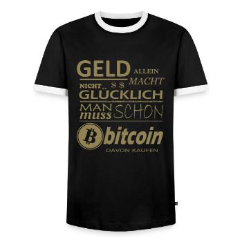 Geld alleine macht nicht Glücklich Bitcoin Sprüche - Männer Kontrast-T-Shirt - Schwarz/Weiß - Vorne - AI Model Female 172 light (172cm) & AI Model Male 178 light (178cm)