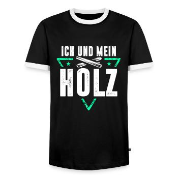 ICH UND MEIN HOLZ / KETTENSÄGE / FÖRSTER / WALD - Männer Kontrast-T-Shirt - Schwarz/Weiß - Vorne - AI Model Female 172 light (172cm) & AI Model Male 178 light (178cm)