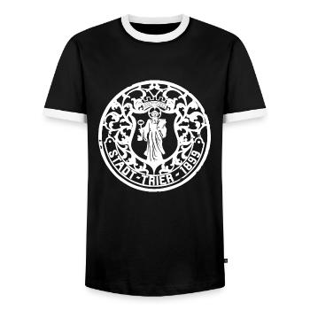 Historischer Kanaldeckel von Trier 1899 weiss - Männer Kontrast-T-Shirt - Schwarz/Weiß - Vorne - AI Model Female 172 light (172cm) & AI Model Male 178 light (178cm)