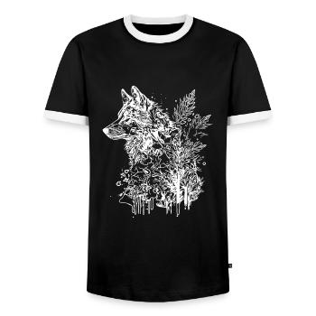 Vintage Wolf Head Portrait Nature Ink Tattoo Style - Men's Ringer Shirt - black/white - Front - AI Model Female 172 light (172cm) & AI Model Male 178 light (178cm)