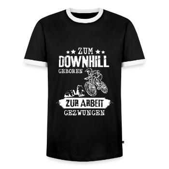 ZUM DOWNHILL GEBOREN - ZUR ARBEIT GEZWUNGEN - Männer Kontrast-T-Shirt - Schwarz/Weiß - Vorne - AI Model Female 172 light (172cm) & AI Model Male 178 light (178cm)