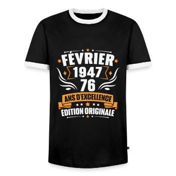 Vintage Cadeau Février 1947, 76 Ans Anniversaire - T-shirt contrasté Homme - noir/blanc - Devant - AI Model Female 172 light (172cm) & AI Model Male 178 light (178cm)