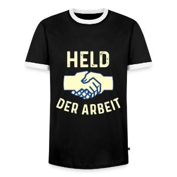 GDR - Hero of Work - Communist - Men's Ringer Shirt - black/white - Front - AI Model Female 172 light (172cm) & AI Model Male 178 light (178cm)
