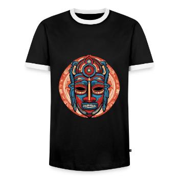 Artfully Colorful Inca Aztec Mask - Men's Ringer Shirt - black/white - Front - AI Model Female 172 light (172cm) & AI Model Male 178 light (178cm)