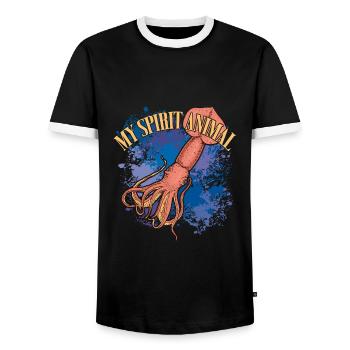 Kalmar Riesenkalmar auf bunten Farbklecksen - Männer Kontrast-T-Shirt - Schwarz/Weiß - Vorne - AI Model Female 172 light (172cm) & AI Model Male 178 light (178cm)
