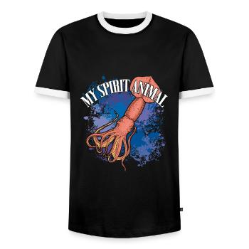Kalmar Riesenkalmar auf bunten Farbklecksen - Männer Kontrast-T-Shirt - Schwarz/Weiß - Vorne - AI Model Female 172 light (172cm) & AI Model Male 178 light (178cm)