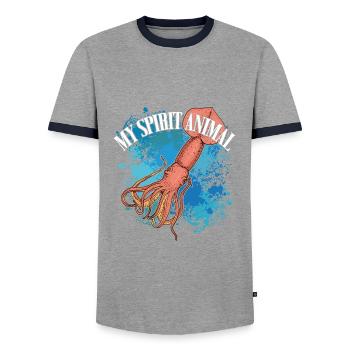 Kalmar giant squid on colorful splashes of color - Men's Ringer Shirt - grey/navy  - Front - AI Model Female 172 light (172cm) & AI Model Male 178 light (178cm)