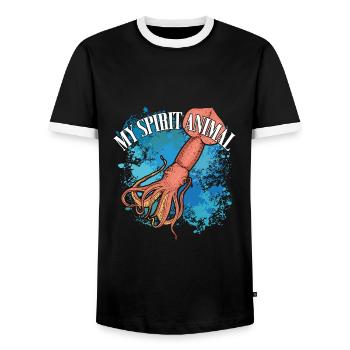 Kalmar Riesenkalmar auf bunten Farbklecksen - Männer Kontrast-T-Shirt - Schwarz/Weiß - Vorne - AI Model Female 172 light (172cm) & AI Model Male 178 light (178cm)