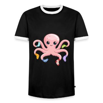 Kawaii Octopus Sweet Octopus Sea Creature - Men's Ringer Shirt - black/white - Front - AI Model Female 172 light (172cm) & AI Model Male 178 light (178cm)