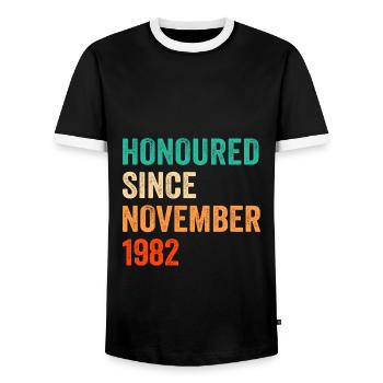Birthday November 1982 Vintage Design - Men's Ringer Shirt - black/white - Front - AI Model Female 172 light (172cm) & AI Model Male 178 light (178cm)