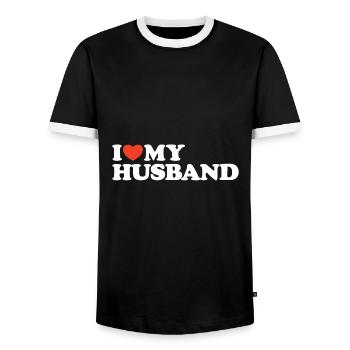 J’aime ma chemise coeur de mari - T-shirt contrasté Homme - noir/blanc - Devant - AI Model Female 172 light (172cm) & AI Model Male 178 light (178cm)