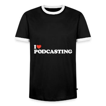 I love Podcasting Herz Shirt - Männer Kontrast-T-Shirt - Schwarz/Weiß - Vorne - AI Model Female 172 light (172cm) & AI Model Male 178 light (178cm)