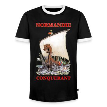 NORMANDIE CONQUERANT Kreation Louis RUNEMBERG © - Männer Kontrast-T-Shirt - Schwarz/Weiß - Vorne - AI Model Female 172 light (172cm) & AI Model Male 178 light (178cm)