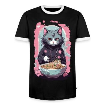 Anime Ramen Katze Japanische Nudelsuppen Kunst - Männer Kontrast-T-Shirt - Schwarz/Weiß - Vorne - AI Model Female 172 light (172cm) & AI Model Male 178 light (178cm)