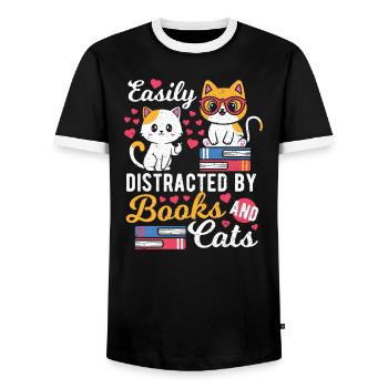 Easily Distracted By Books and Cats - Katzen - Men's Ringer Shirt - black/white - Front - AI Model Female 172 light (172cm) & AI Model Male 178 light (178cm)