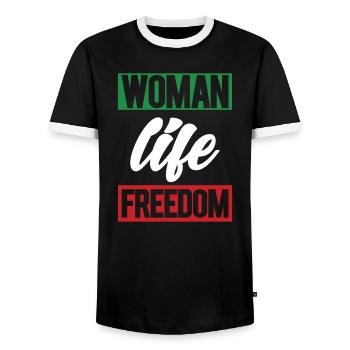 Women Life Freedom Iranian Mahsa Amini Iran - Men's Ringer Shirt - black/white - Front - AI Model Female 172 light (172cm) & AI Model Male 178 light (178cm)