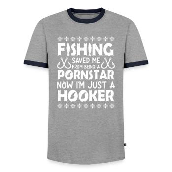 Therapy Fishing Lake Carp Angler Fisher Bait - Men's Ringer Shirt - grey/navy  - Front - AI Model Female 172 light (172cm) & AI Model Male 178 light (178cm)
