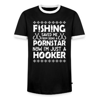 Therapy Fishing Lake Carp Angler Fisher Bait - Men's Ringer Shirt - black/white - Front - AI Model Female 172 light (172cm) & AI Model Male 178 light (178cm)