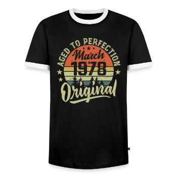 Retro March 1978 Gift March 1978 Born March 1978 - Men's Ringer Shirt - black/white - Front - AI Model Female 172 light (172cm) & AI Model Male 178 light (178cm)