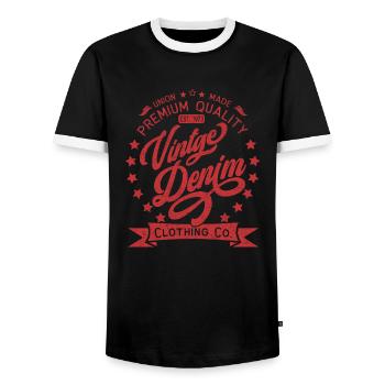 Vintage Denim Premium Product Clothing Co. Design - Men's Ringer Shirt - black/white - Front - AI Model Female 172 light (172cm) & AI Model Male 178 light (178cm)