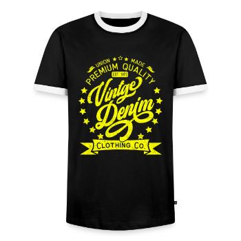 Vintage Denim Premium Product Clothing Co. Design - Men's Ringer Shirt - black/white - Front - AI Model Female 172 light (172cm) & AI Model Male 178 light (178cm)