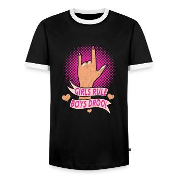 Girls Rule Boys Drool Feminist Women Empowerment - Men's Ringer Shirt - black/white - Front - AI Model Female 172 light (172cm) & AI Model Male 178 light (178cm)