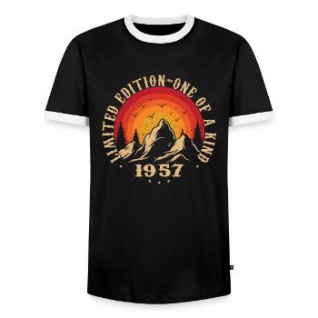 Vintage 1957 Retro 1957 Anniversary Gift 1957 - Men's Ringer Shirt - black/white - Front - AI Model Female 172 light (172cm) & AI Model Male 178 light (178cm)