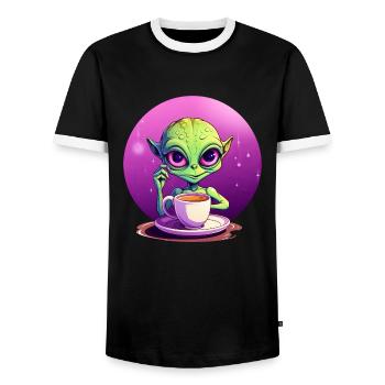 Mitternachts-Kaffee: Der grüne Alien-Trinker - Männer Kontrast-T-Shirt - Schwarz/Weiß - Vorne - AI Model Female 172 light (172cm) & AI Model Male 178 light (178cm)