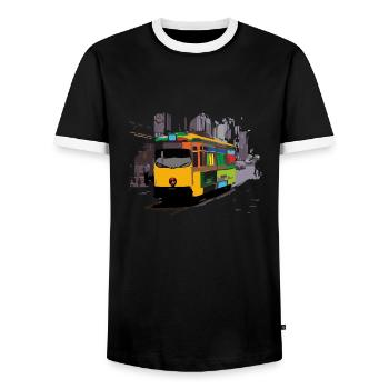 Public transport Tram Ruhrgebiet Seventies 70s - Men's Ringer Shirt - black/white - Front - AI Model Female 172 light (172cm) & AI Model Male 178 light (178cm)