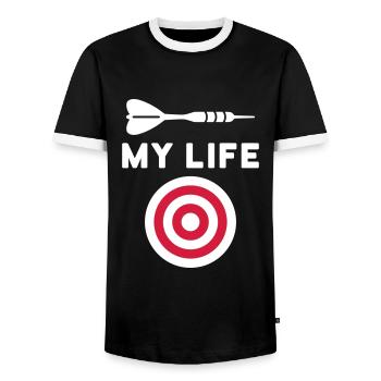 My life (dart, target) - Men's Ringer Shirt - black/white - Front - AI Model Female 172 light (172cm) & AI Model Male 178 light (178cm)
