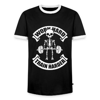 Gym T Shirt Design Unisex WorkHard - TrainHarder - Men's Ringer Shirt - black/white - Front - AI Model Female 172 light (172cm) & AI Model Male 178 light (178cm)
