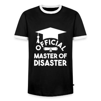 Official Master Of Disaster Master Degree Uni - Men's Ringer Shirt - black/white - Front - AI Model Female 172 light (172cm) & AI Model Male 178 light (178cm)